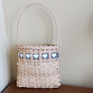 Bamboo Basket With Handle Blue Trim Handmade Hearts Farmhouse Cottagecore 80s